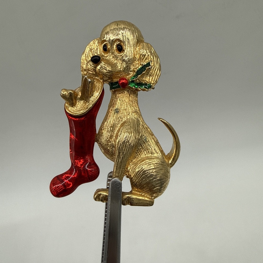 Gerrys Puppy Dog Christmas Stocking Brooch Pin Vintage Gold Tone